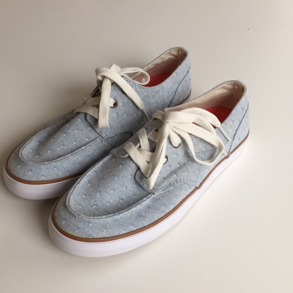 Light blue reef shoes with orange inside.